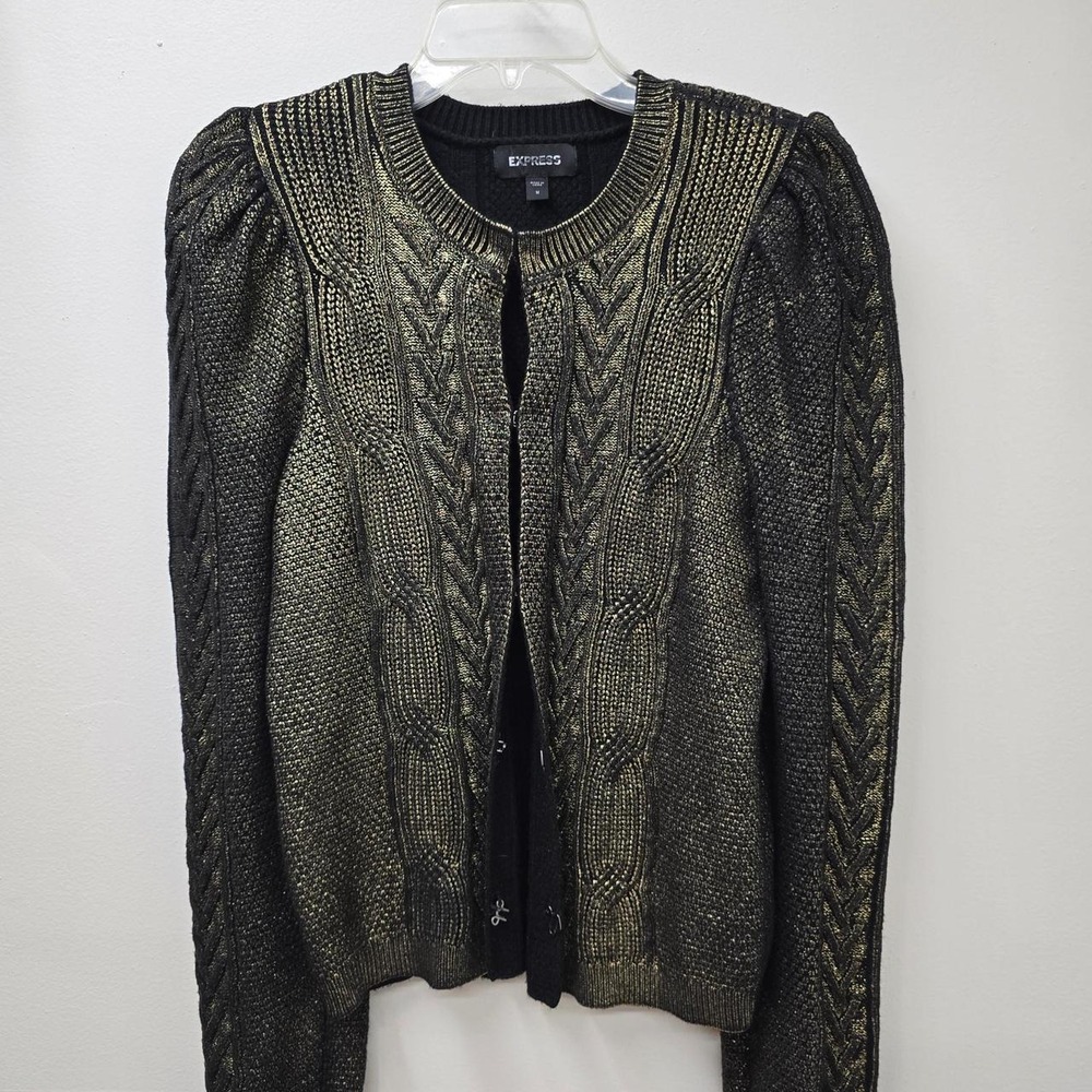 Express Womens Black Gold Metallic Cable Knit Open Front Cardigan Sweater M